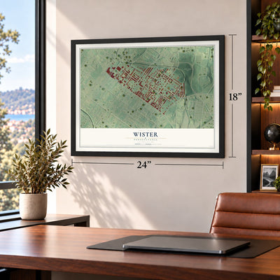 Wister, Pennsylvania map, 18 x 24 inch print in a black frame in a home office