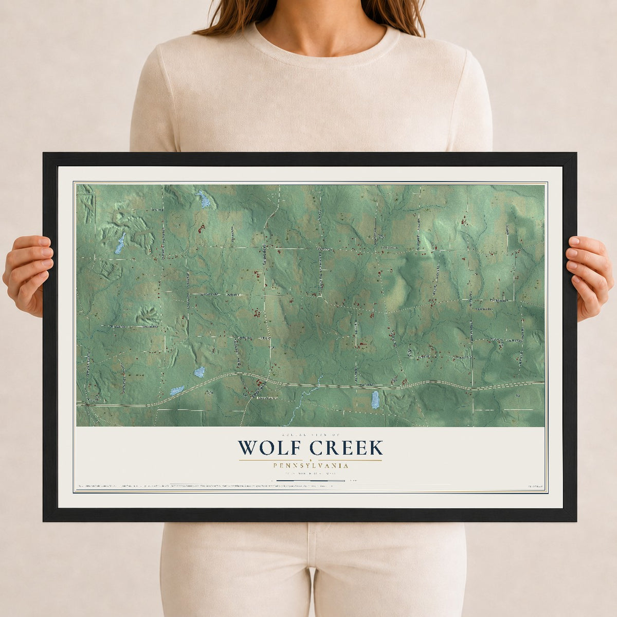 Map of Wolf Creek, Pennsylvania, 12 x 18 inch print in a black wood frame