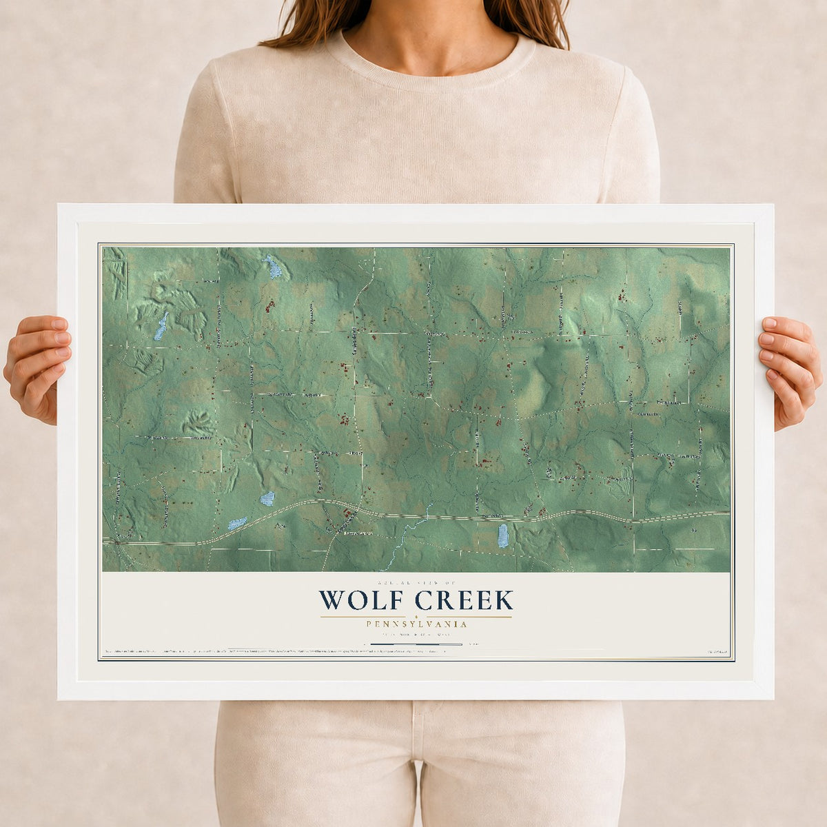 Map of Wolf Creek, Pennsylvania, 12 x 18 inch print in a white wood frame