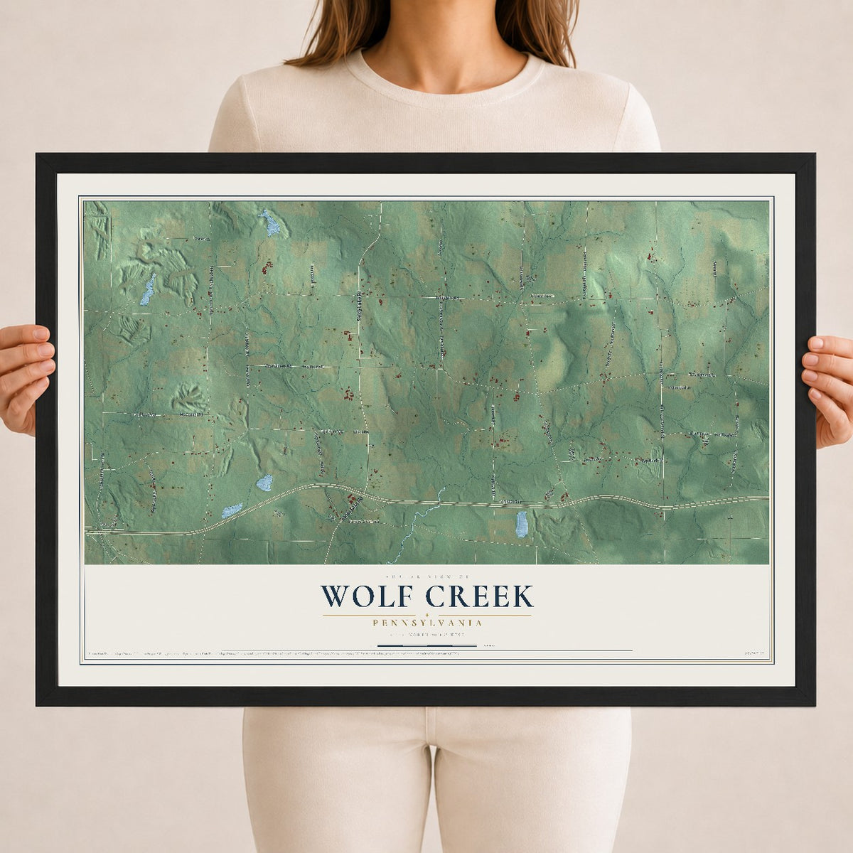 Map of Wolf Creek, Pennsylvania, 18 x 24 inch print in a black wood frame