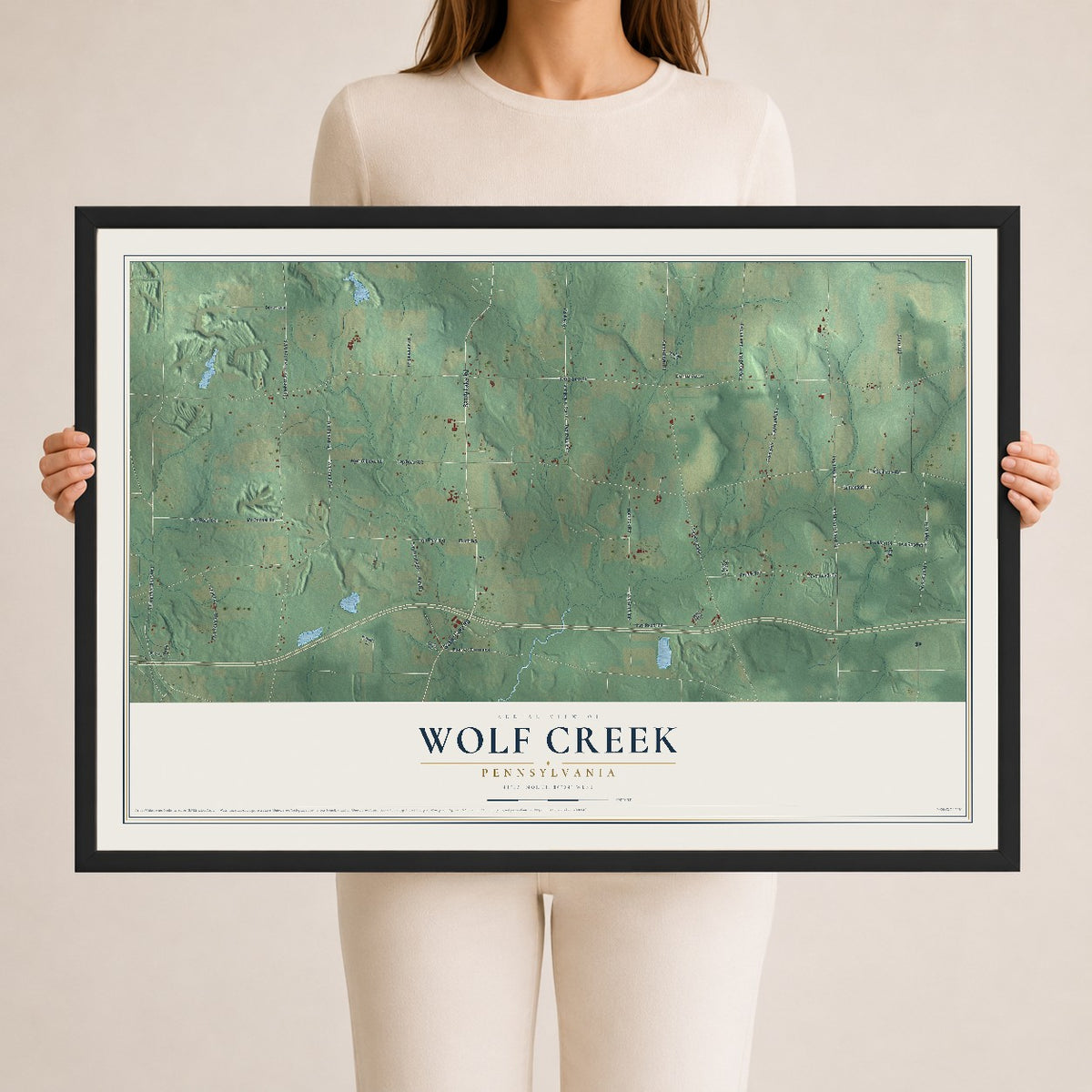 Map of Wolf Creek, Pennsylvania, 24 x 36 inch print in a black wood frame
