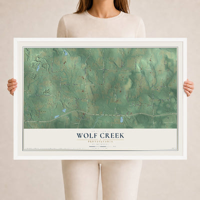 Map of Wolf Creek, Pennsylvania, 24 x 36 inch print in a white wood frame