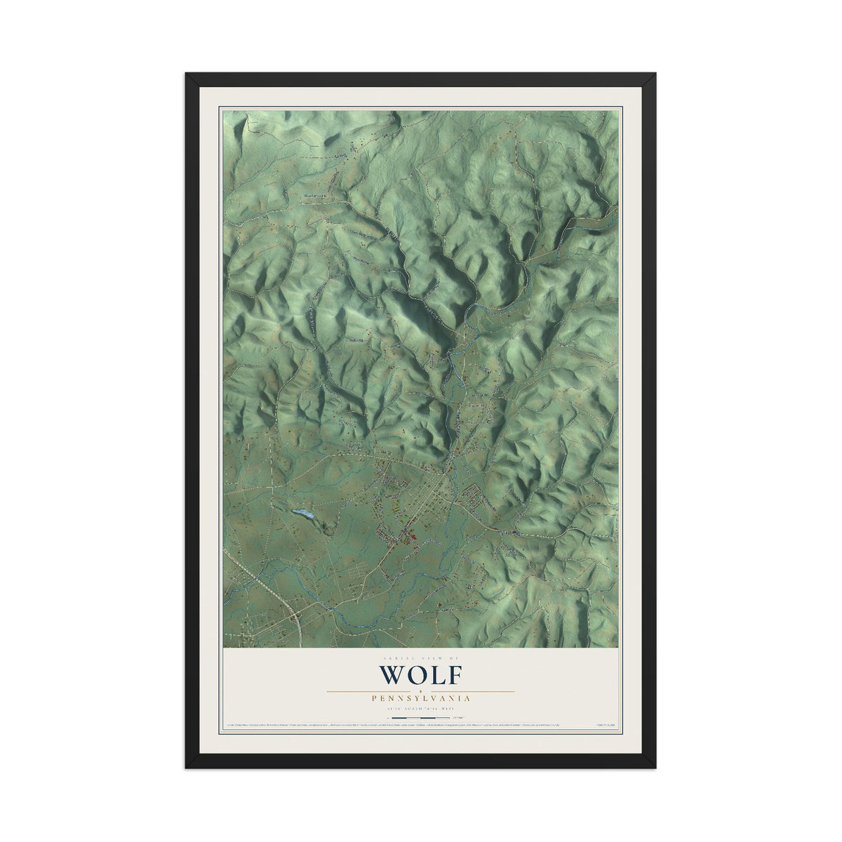 Map of Wolf, Pennsylvania, 12 x 18 inch print in a black wood frame