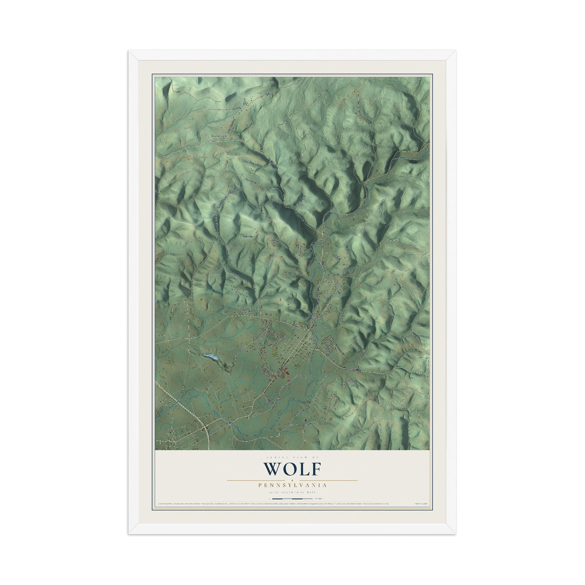 Map of Wolf, Pennsylvania, 12 x 18 inch print in a white wood frame