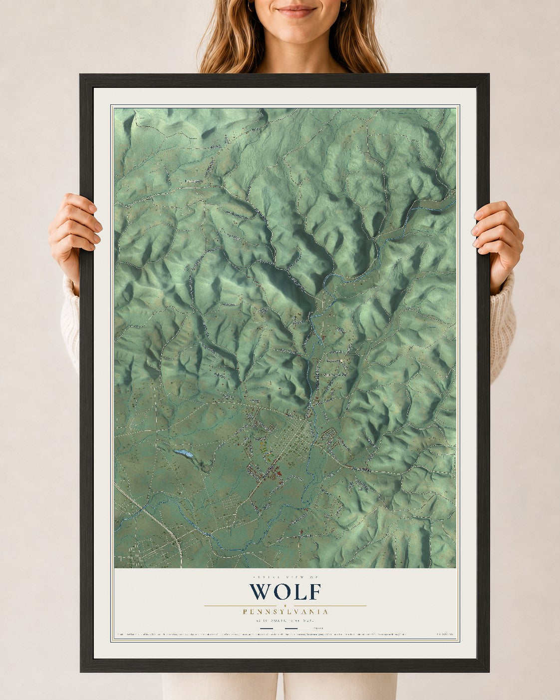 Map of Wolf, Pennsylvania, 24 x 36 inch print in a black wood frame
