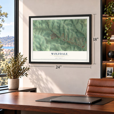 Wolfdale, Pennsylvania map, 18 x 24 inch print in a black frame in a home office