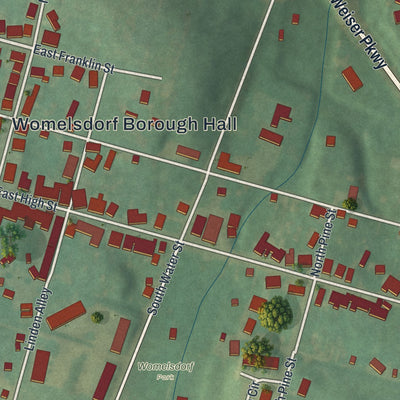 Second close-up of the map of Womelsdorf, Pennsylvania print showing more streets and buildings