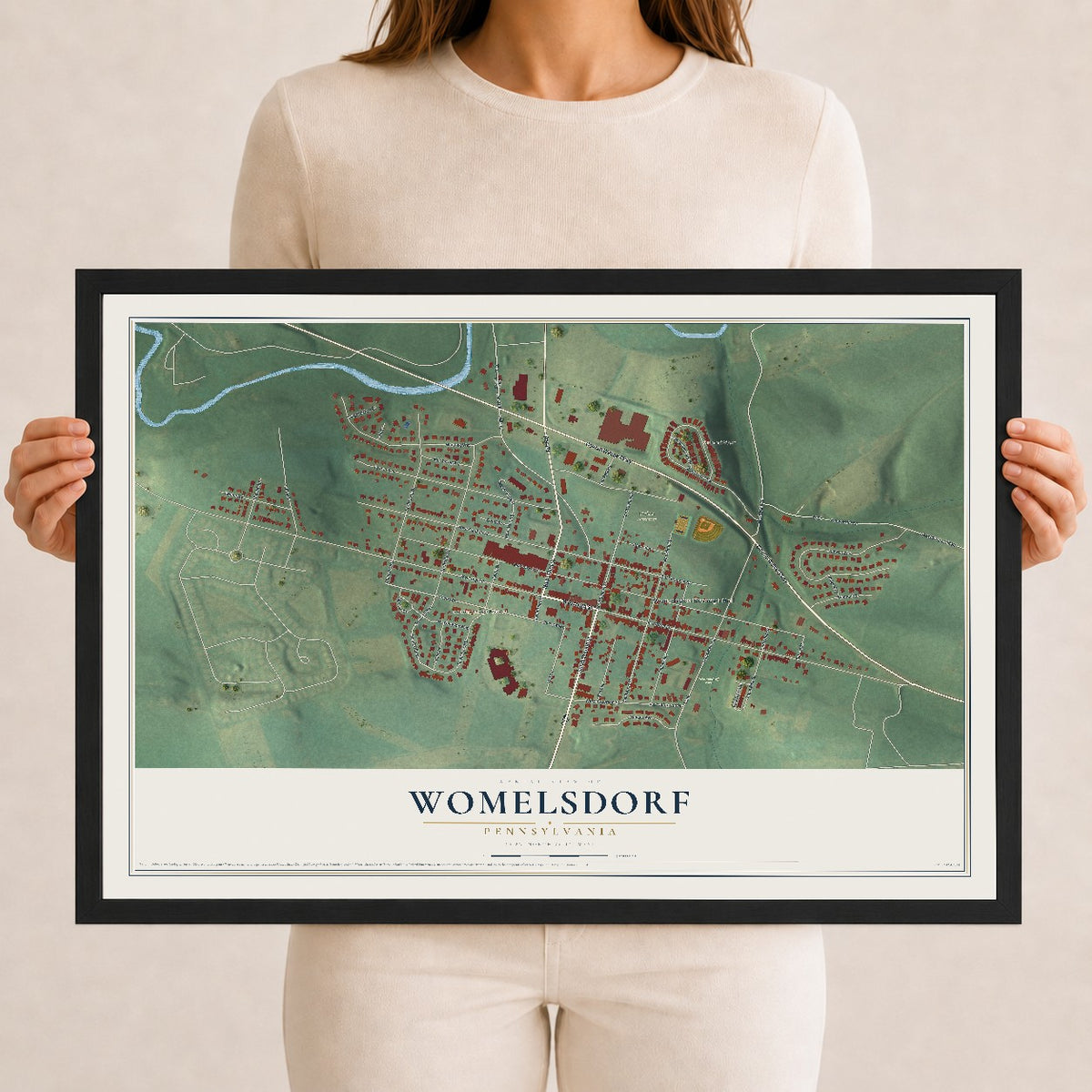 Map of Womelsdorf, Pennsylvania, 12 x 18 inch print in a black wood frame