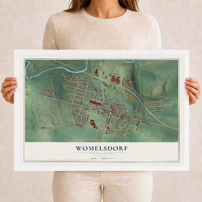 Map of Womelsdorf, Pennsylvania, 12 x 18 inch print in a white wood frame