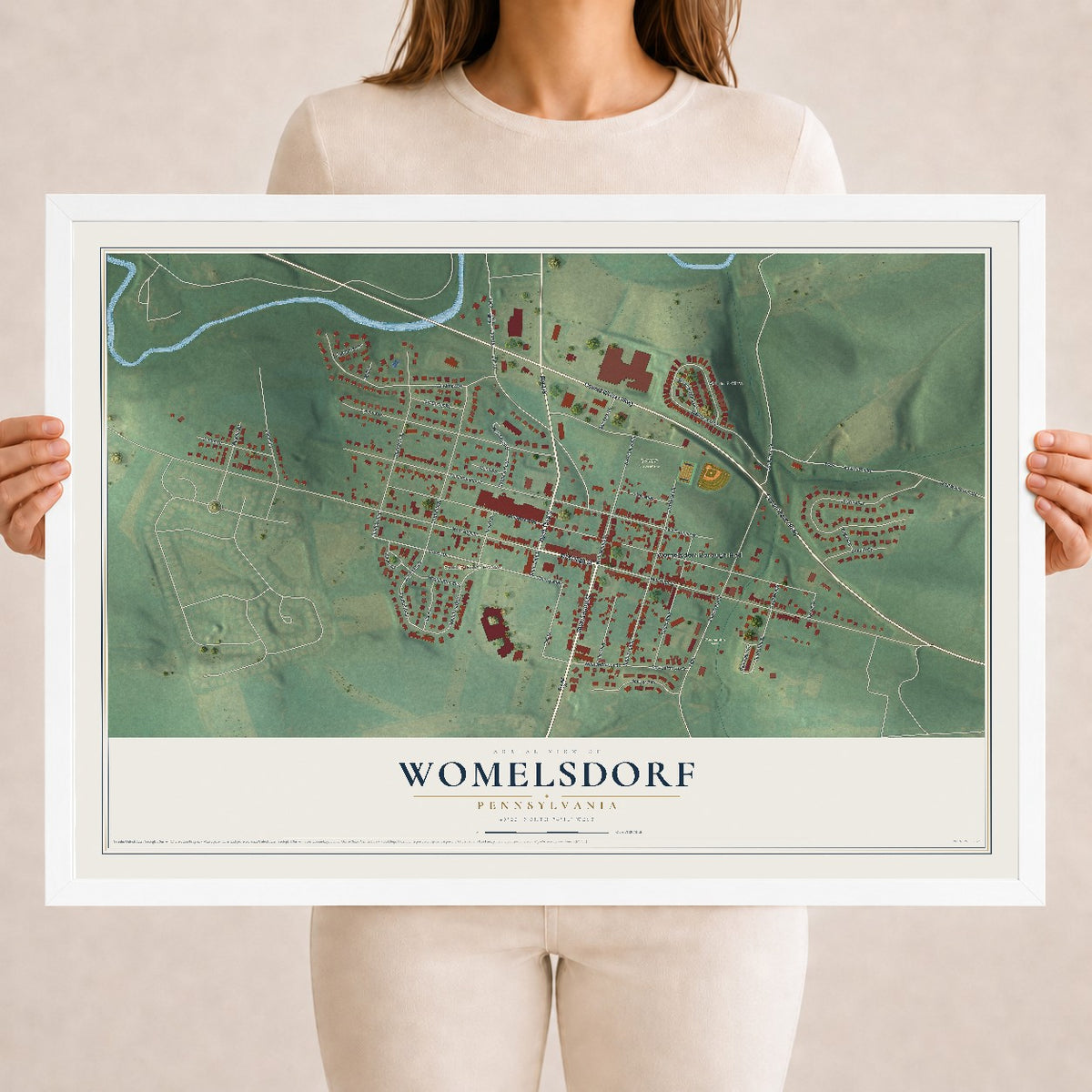 Map of Womelsdorf, Pennsylvania, 18 x 24 inch print in a white wood frame