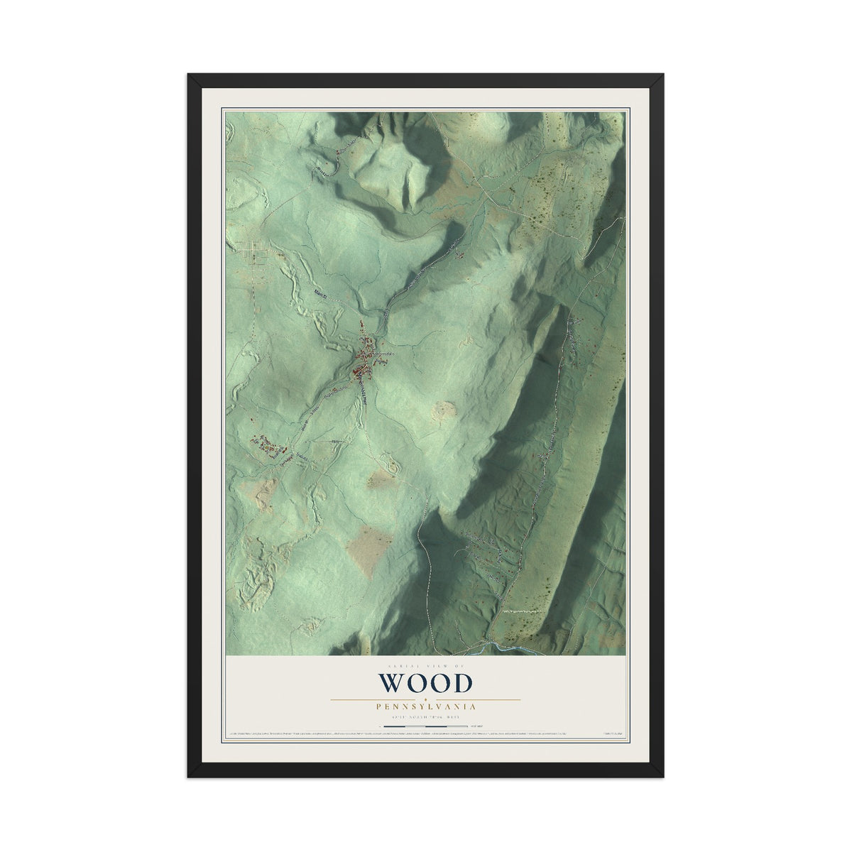 Map of Wood, Pennsylvania, 12 x 18 inch print in a black wood frame