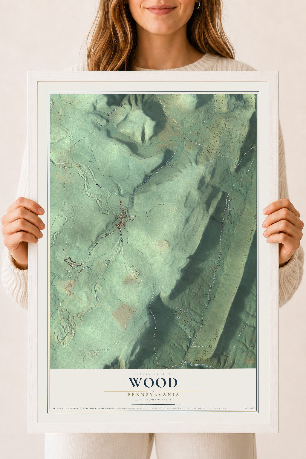Map of Wood, Pennsylvania, 18 x 24 inch print in a white wood frame