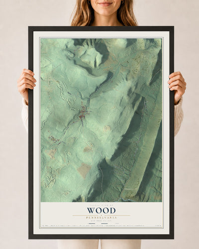 Map of Wood, Pennsylvania, 24 x 36 inch print in a black wood frame