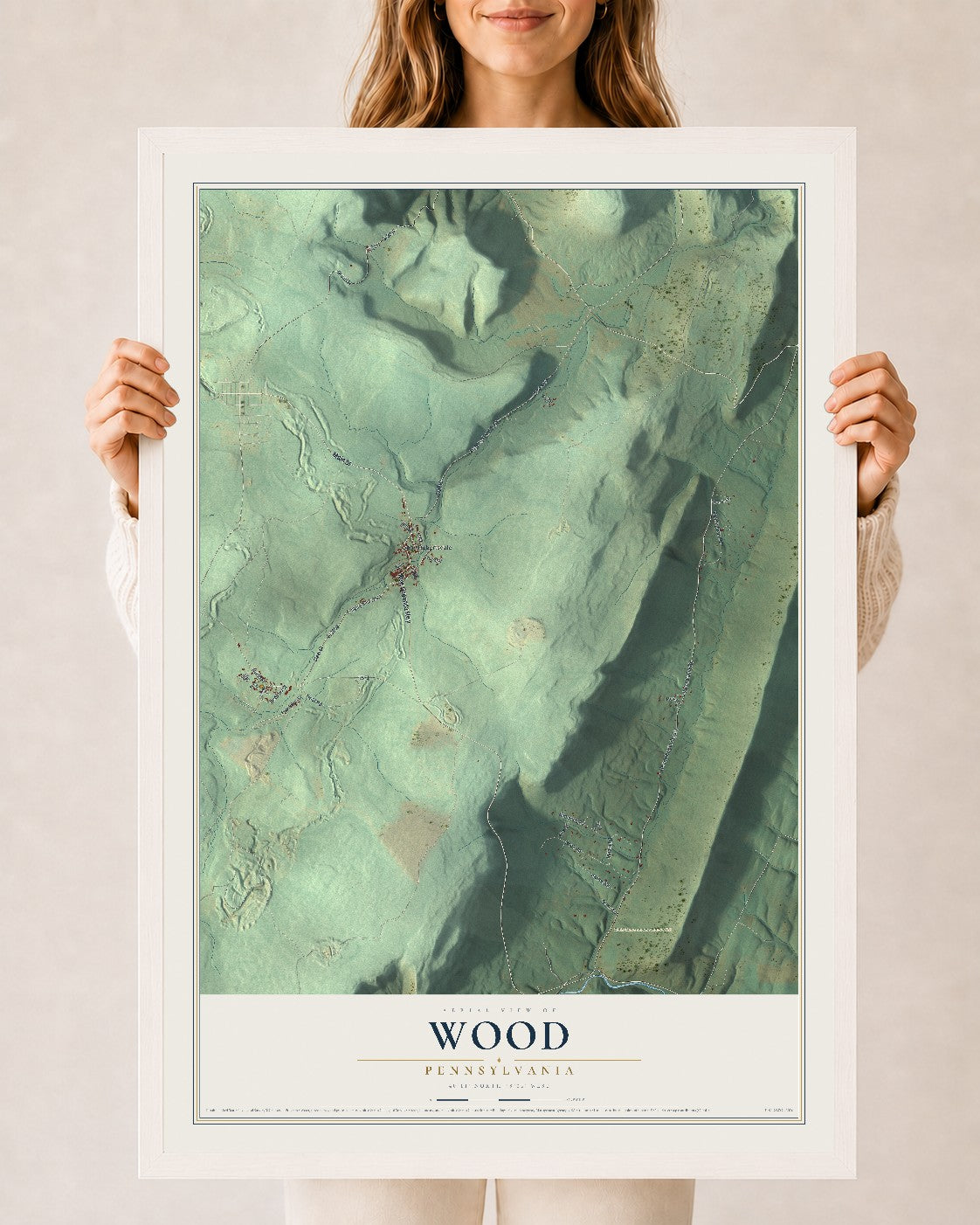 Map of Wood, Pennsylvania, 24 x 36 inch print in a white wood frame