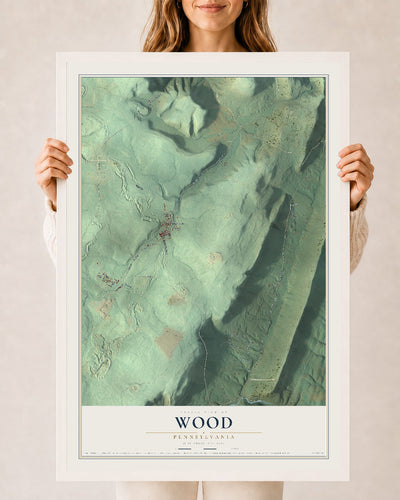 Map of Wood, Pennsylvania, 24 x 36 inch print in a white wood frame