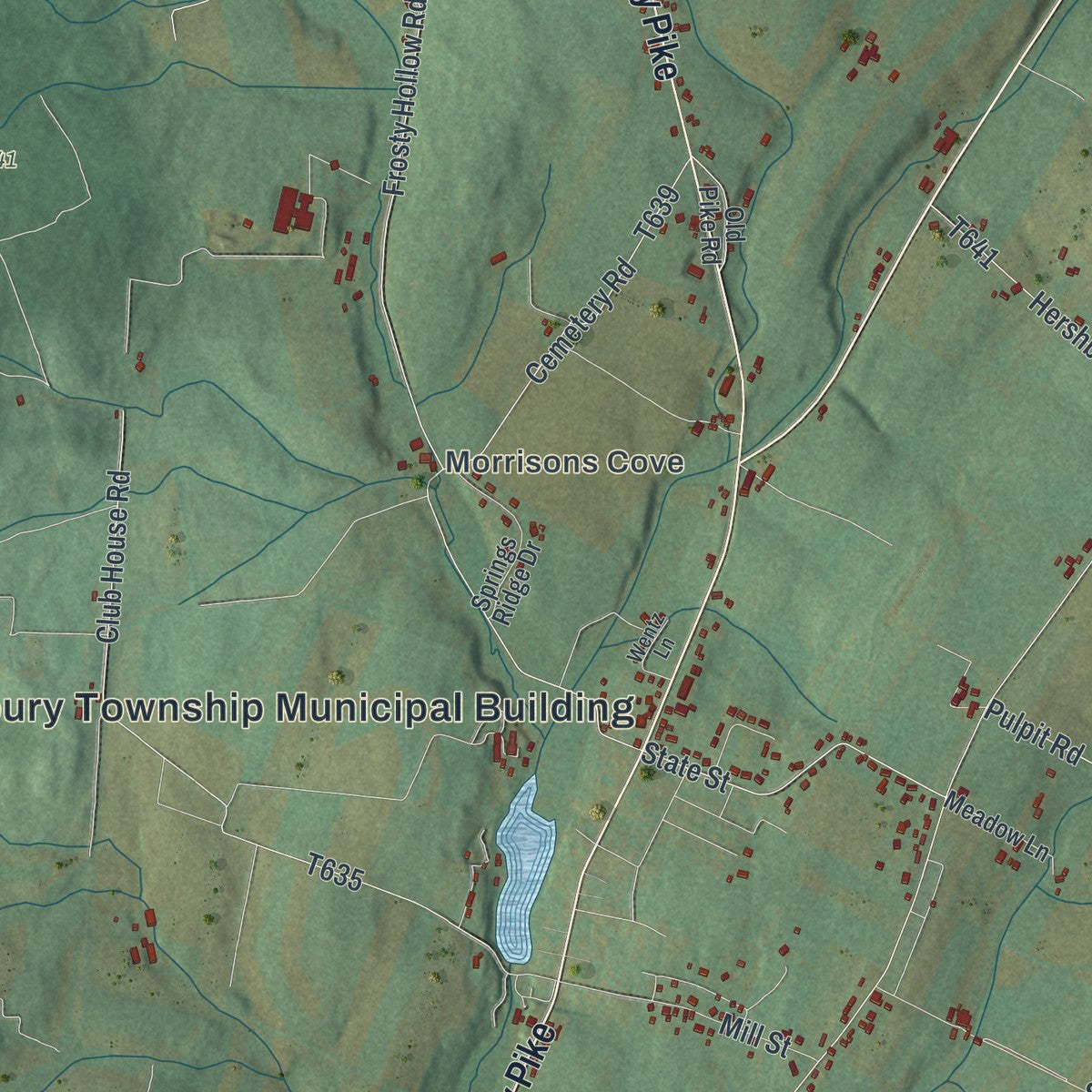 Close-up of the map of Woodbury, Bedford County, Pennsylvania print showing street and building detail