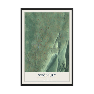 Map of Woodbury, Bedford County, Pennsylvania, 12 x 18 inch print in a black wood frame