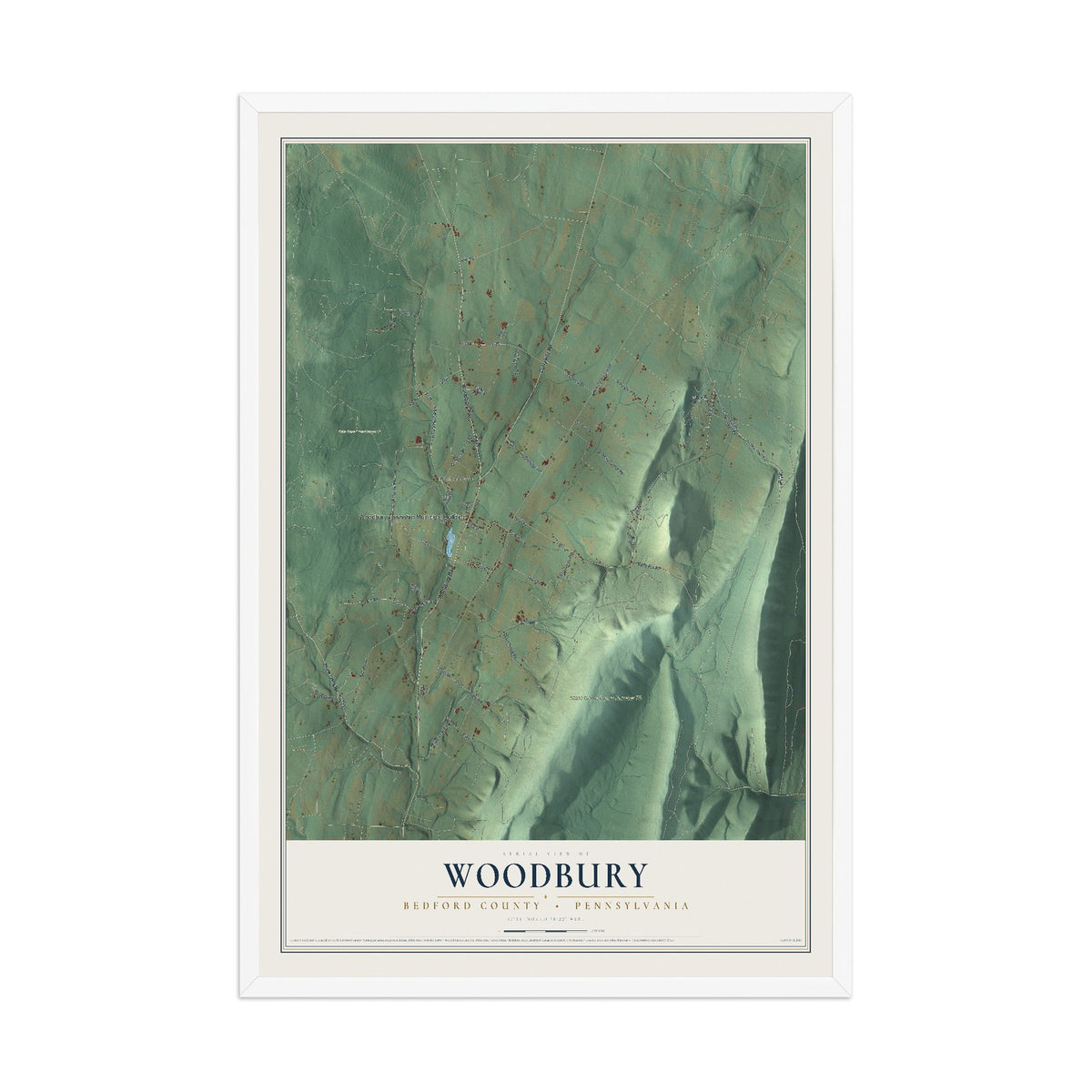 Map of Woodbury, Bedford County, Pennsylvania, 12 x 18 inch print in a white wood frame