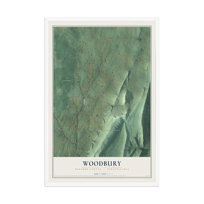 Map of Woodbury, Bedford County, Pennsylvania, 12 x 18 inch print in a white wood frame