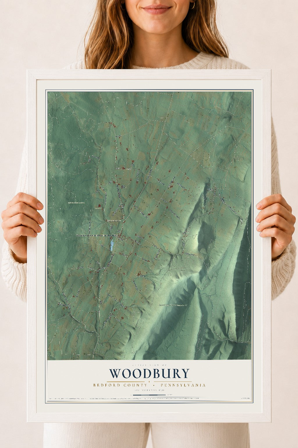 Map of Woodbury, Bedford County, Pennsylvania, 18 x 24 inch print in a white wood frame