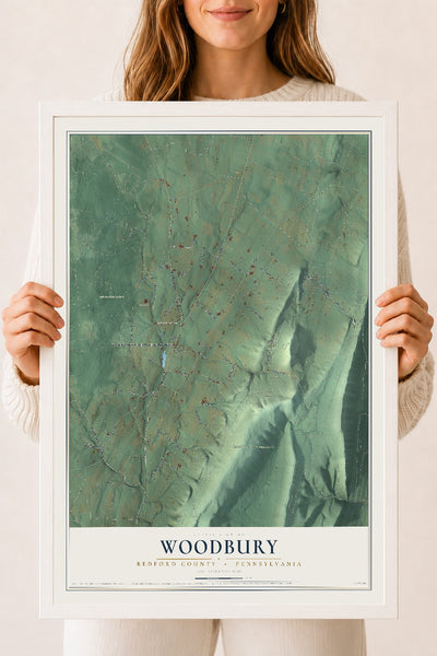 Map of Woodbury, Bedford County, Pennsylvania, 18 x 24 inch print in a white wood frame