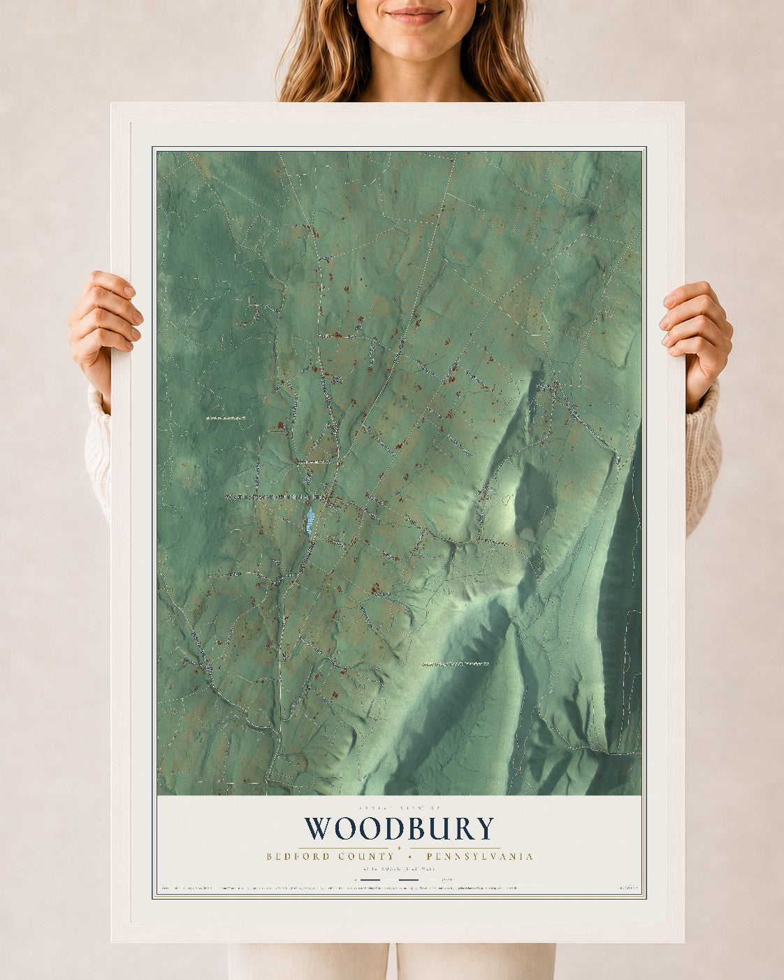 Map of Woodbury, Bedford County, Pennsylvania, 24 x 36 inch print in a white wood frame