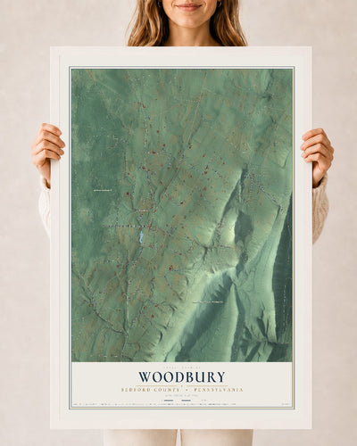 Map of Woodbury, Bedford County, Pennsylvania, 24 x 36 inch print in a white wood frame