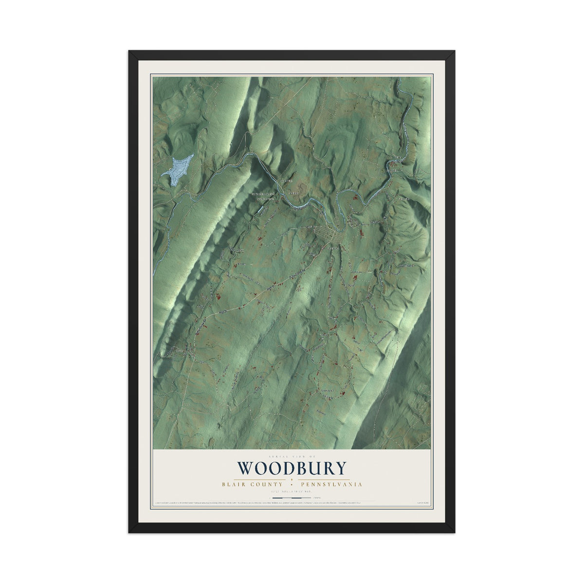 Map of Woodbury, Blair County, Pennsylvania, 12 x 18 inch print in a black wood frame