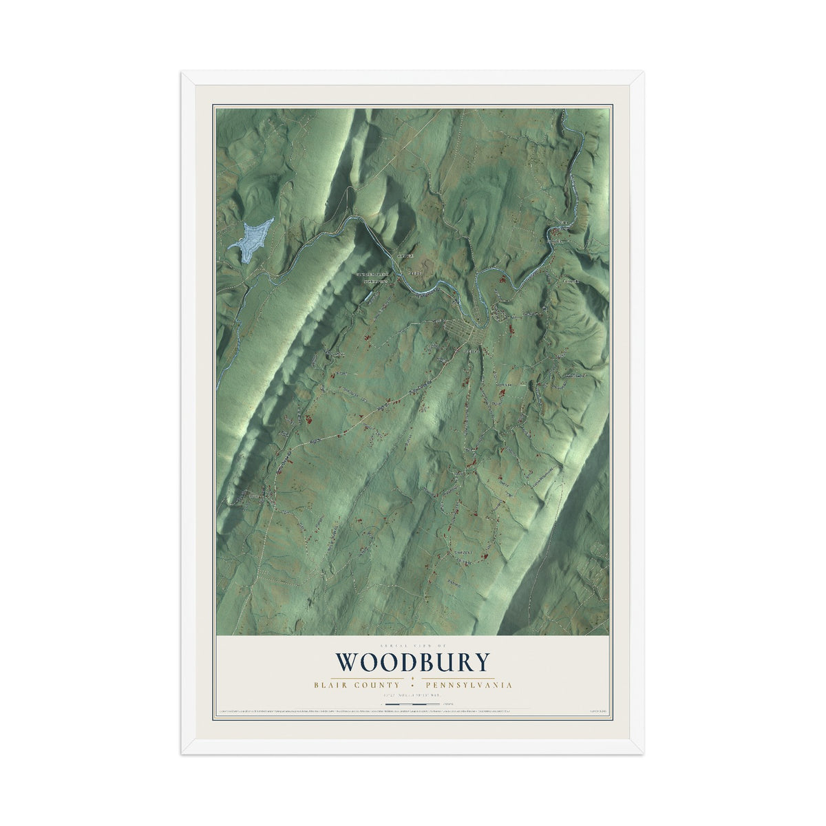 Map of Woodbury, Blair County, Pennsylvania, 12 x 18 inch print in a white wood frame