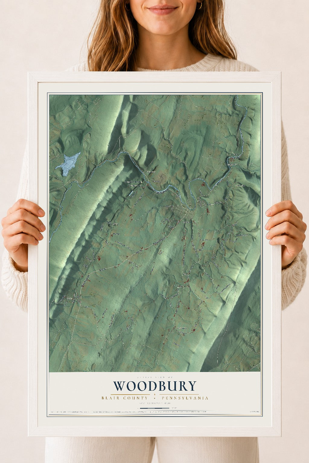 Map of Woodbury, Blair County, Pennsylvania, 18 x 24 inch print in a white wood frame