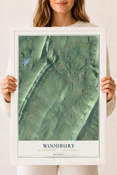 Map of Woodbury, Blair County, Pennsylvania, 18 x 24 inch print in a white wood frame