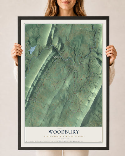 Map of Woodbury, Blair County, Pennsylvania, 24 x 36 inch print in a black wood frame