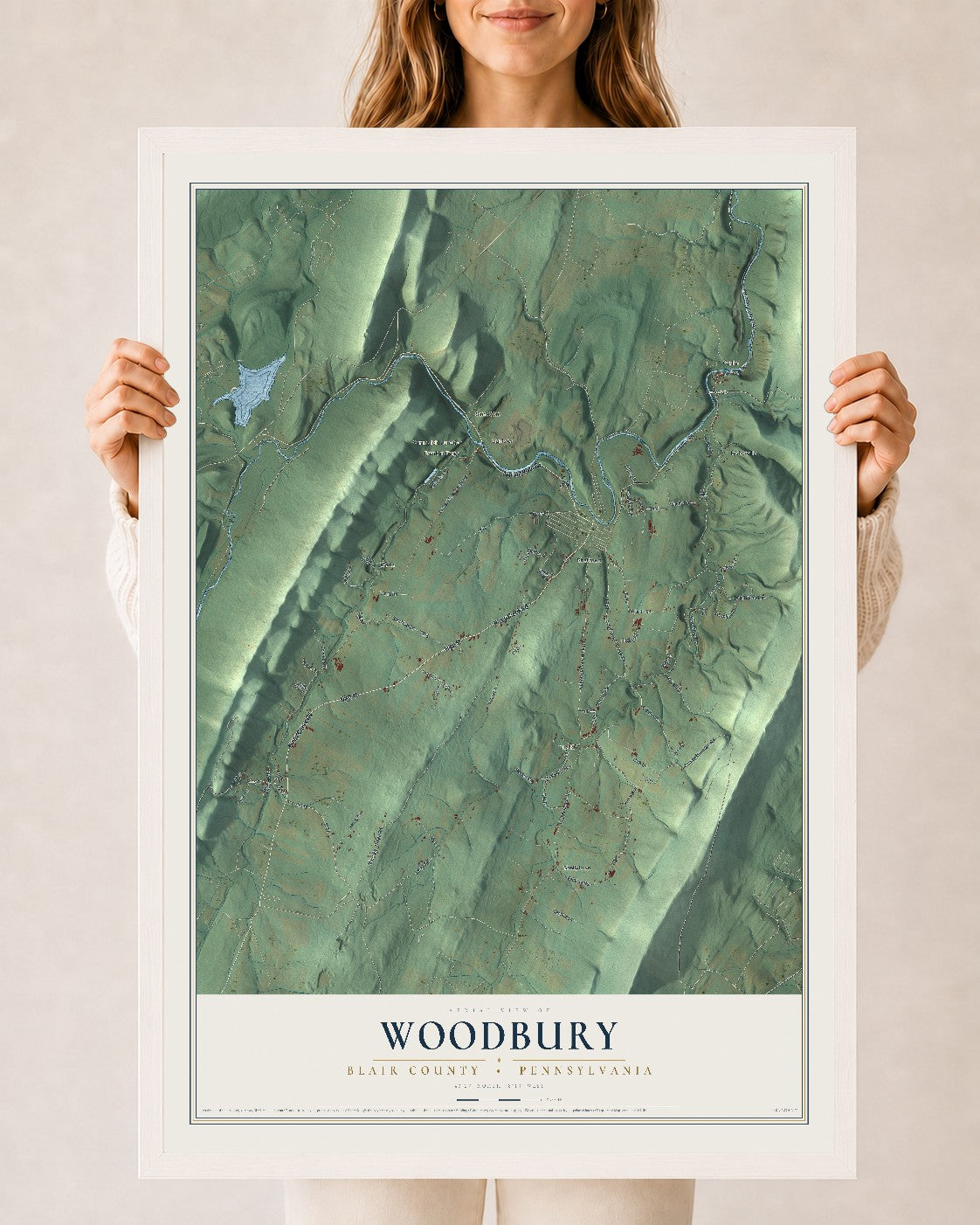 Map of Woodbury, Blair County, Pennsylvania, 24 x 36 inch print in a white wood frame