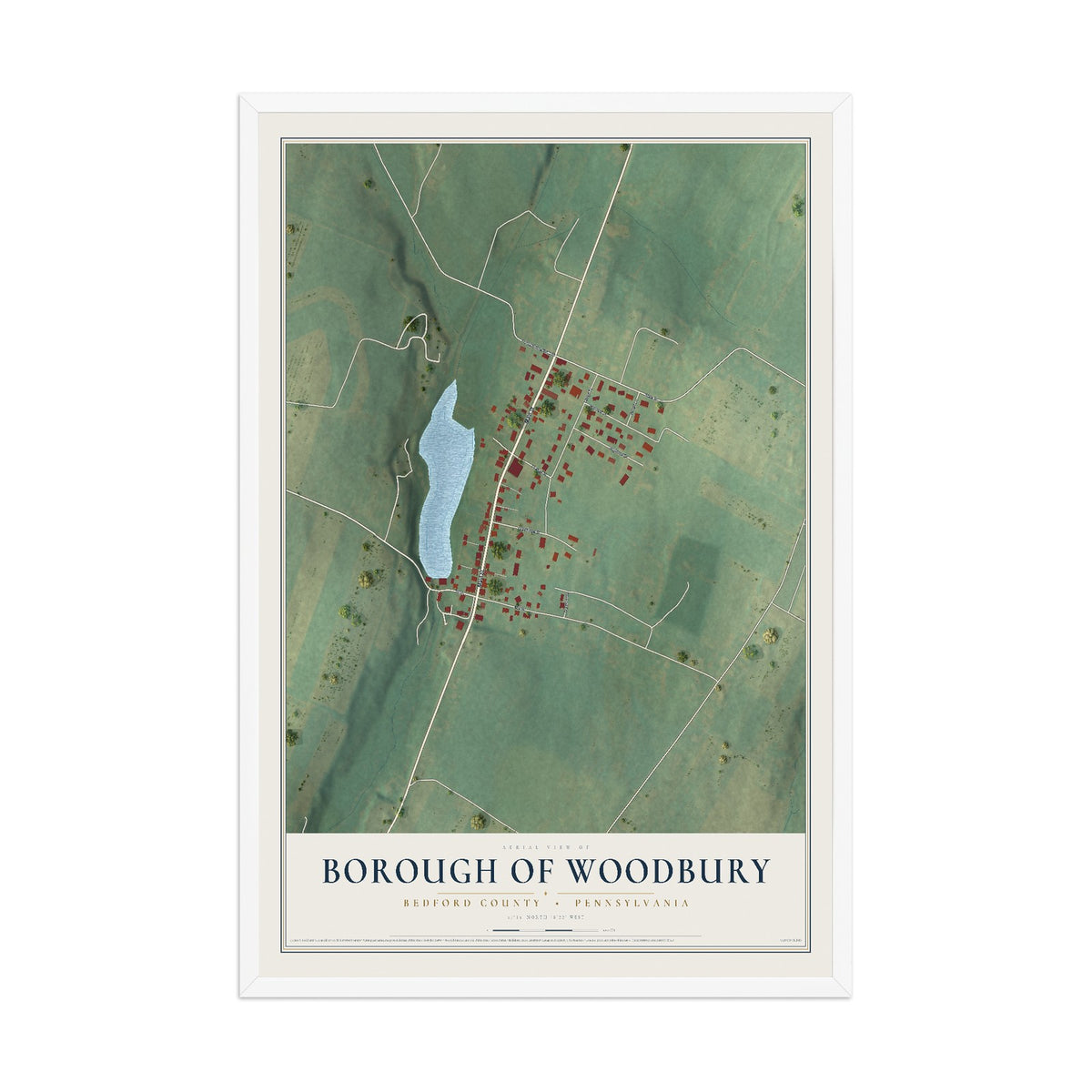 Map of the Borough of Woodbury, Bedford County, Pennsylvania, 12 x 18 inch print in a white wood frame