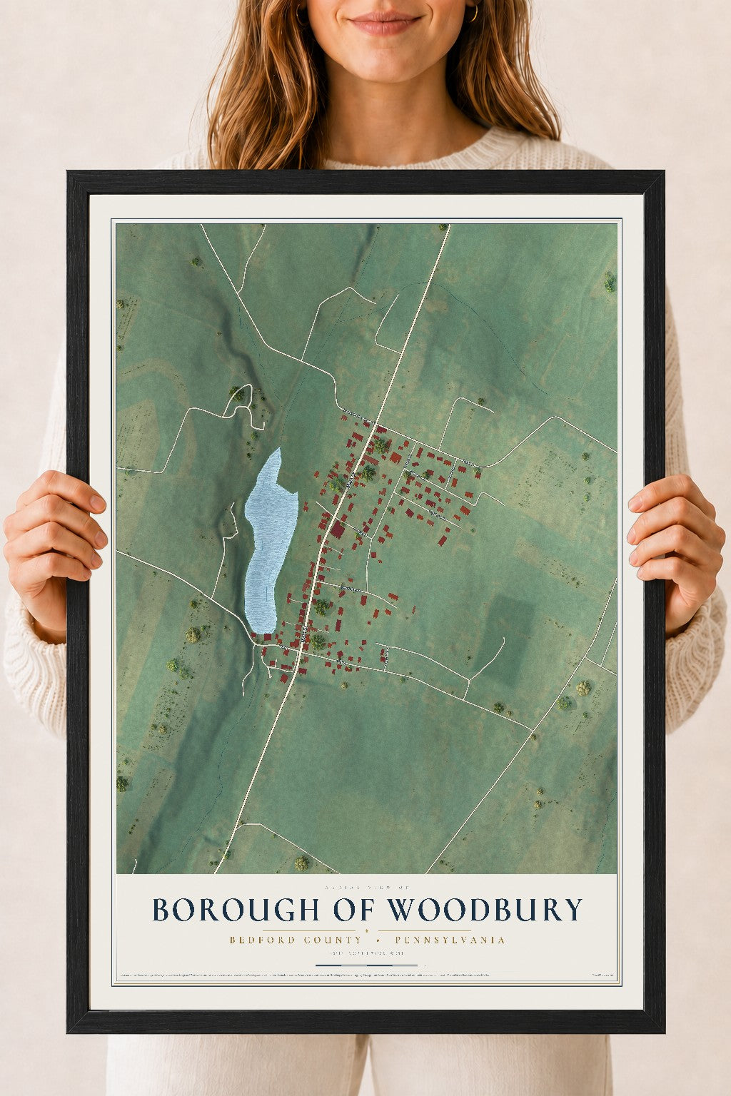 Map of the Borough of Woodbury, Bedford County, Pennsylvania, 18 x 24 inch print in a black wood frame