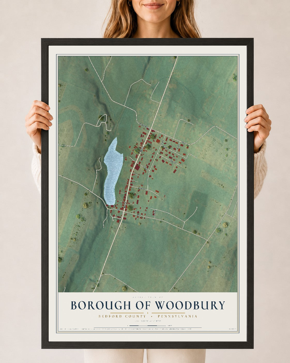 Map of the Borough of Woodbury, Bedford County, Pennsylvania, 24 x 36 inch print in a black wood frame