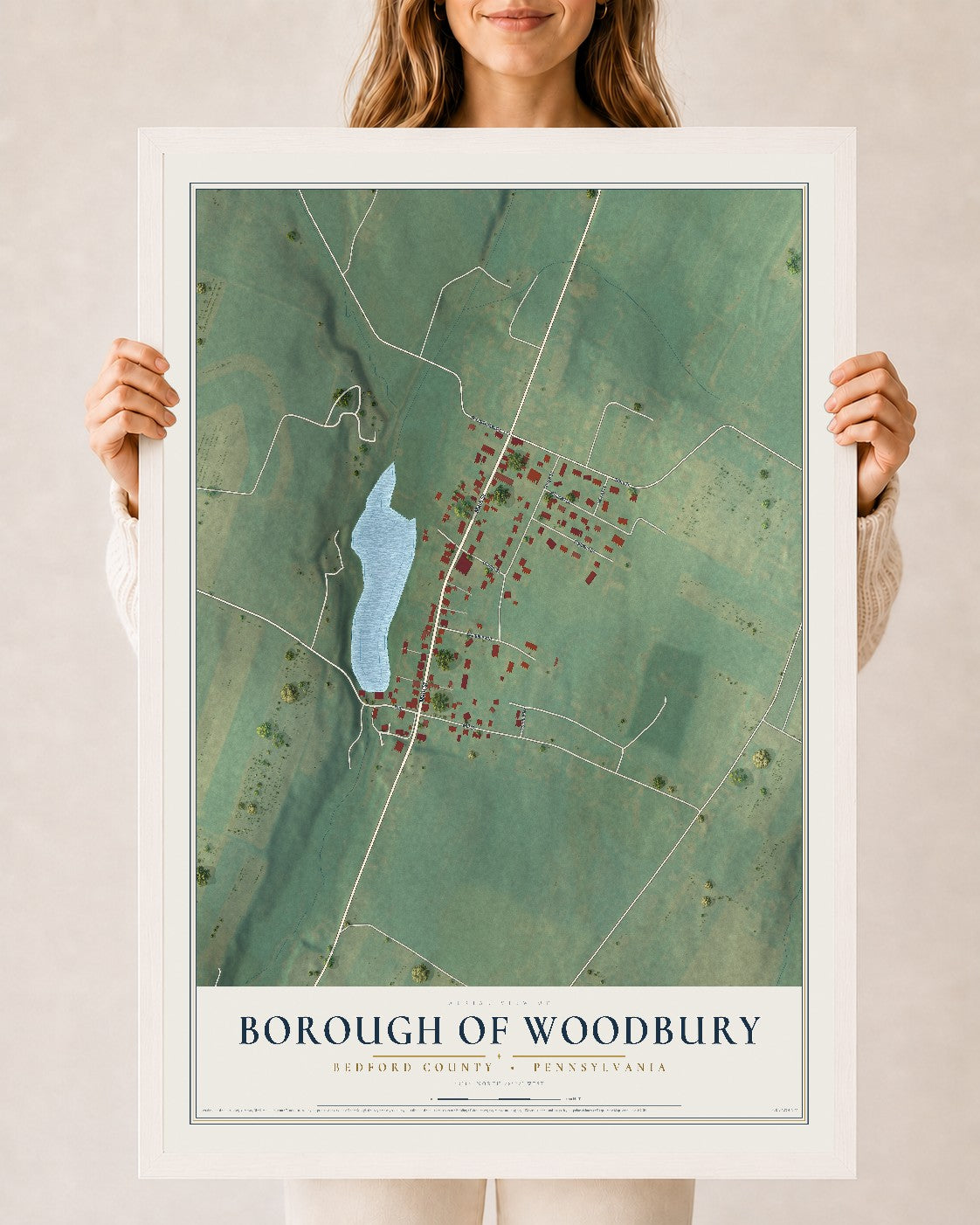 Map of the Borough of Woodbury, Bedford County, Pennsylvania, 24 x 36 inch print in a white wood frame