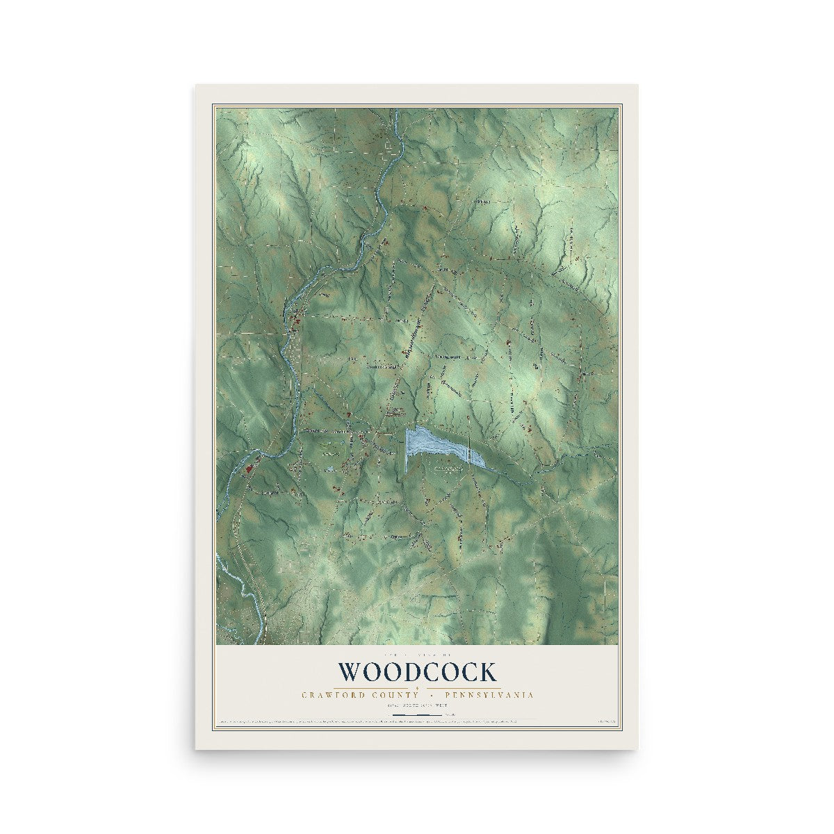 Map of Woodcock, Crawford County, Pennsylvania, 12 x 18 inch unframed archival matte print