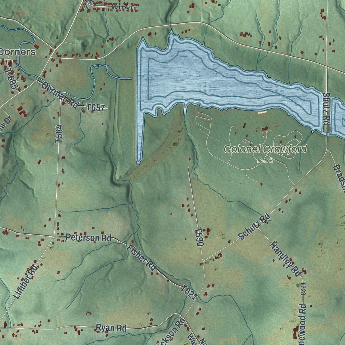 Close-up of the map of Woodcock, Crawford County, Pennsylvania print showing street and building detail