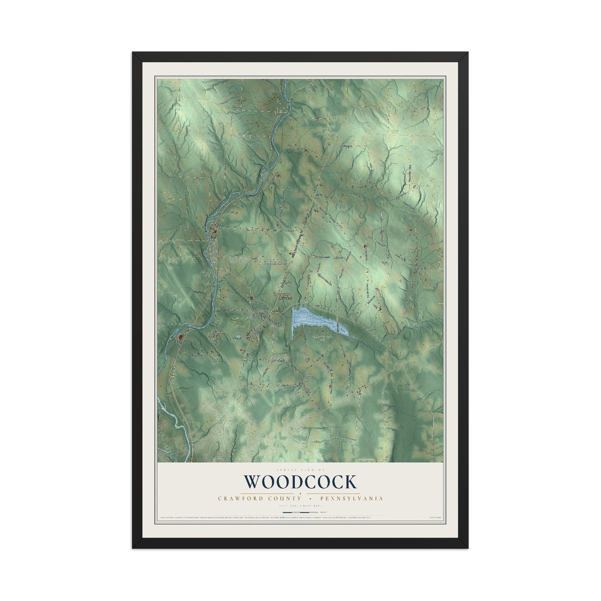 Map of Woodcock, Crawford County, Pennsylvania, 12 x 18 inch print in a black wood frame