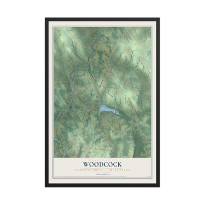 Map of Woodcock, Crawford County, Pennsylvania, 12 x 18 inch print in a black wood frame
