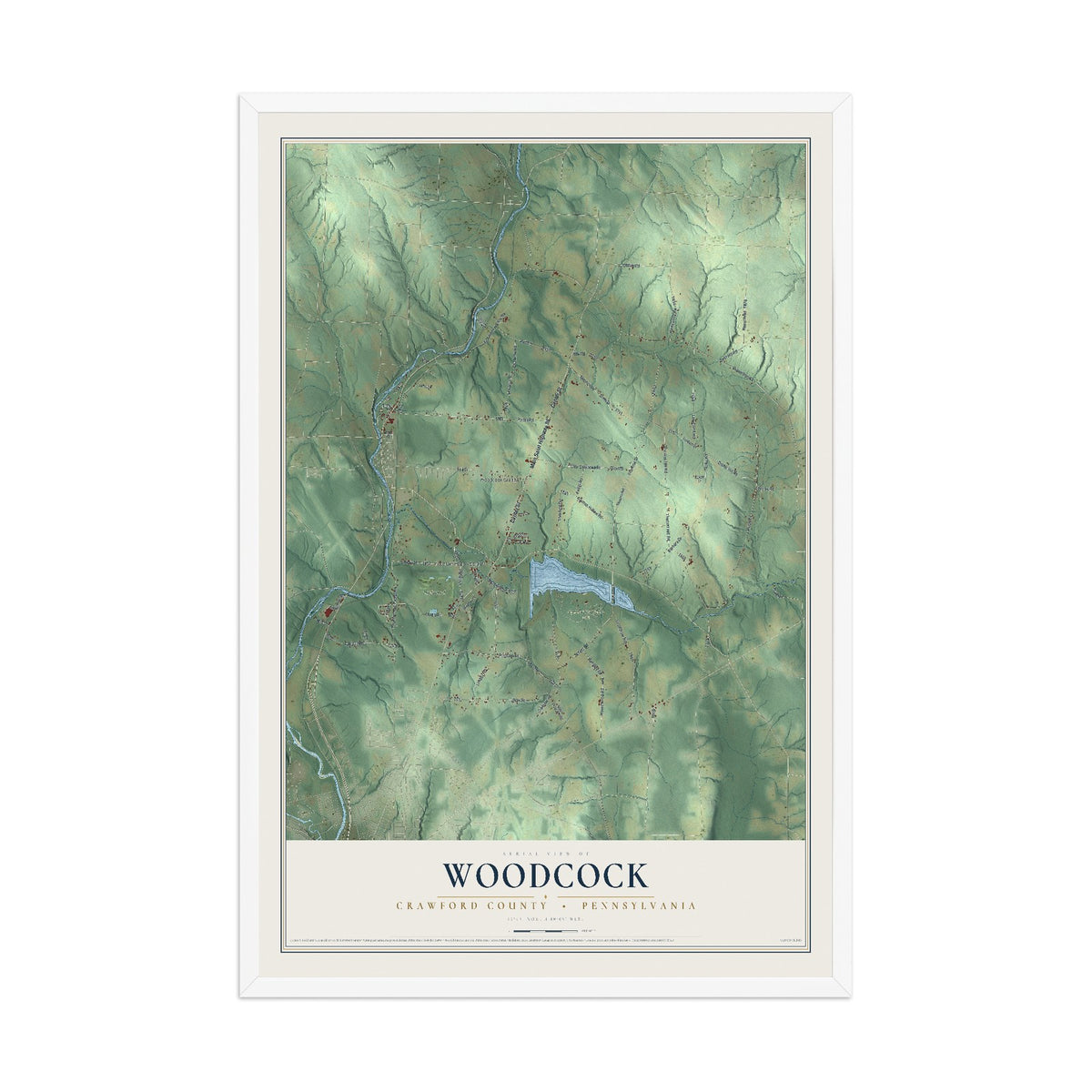 Map of Woodcock, Crawford County, Pennsylvania, 12 x 18 inch print in a white wood frame