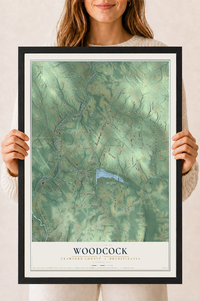 Map of Woodcock, Crawford County, Pennsylvania, 18 x 24 inch print in a black wood frame