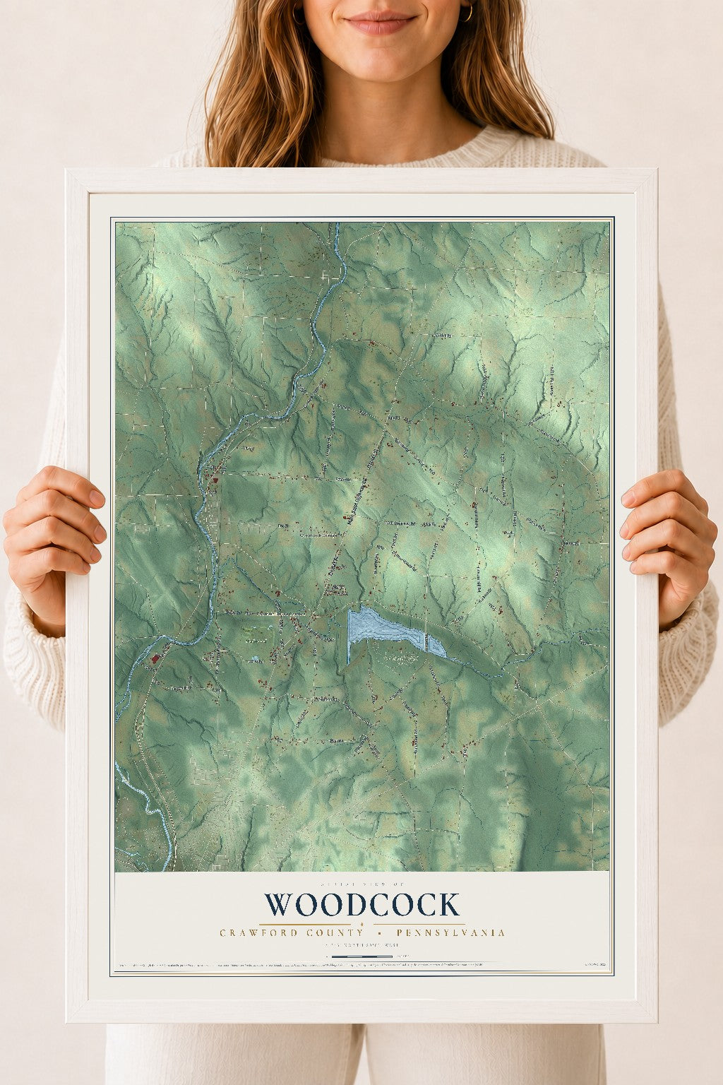 Map of Woodcock, Crawford County, Pennsylvania, 18 x 24 inch print in a white wood frame