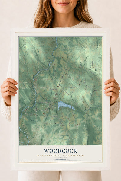 Map of Woodcock, Crawford County, Pennsylvania, 18 x 24 inch print in a white wood frame