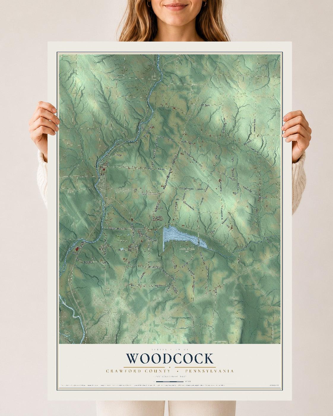 Map of Woodcock, Crawford County, Pennsylvania, 24 x 36 inch unframed archival matte print