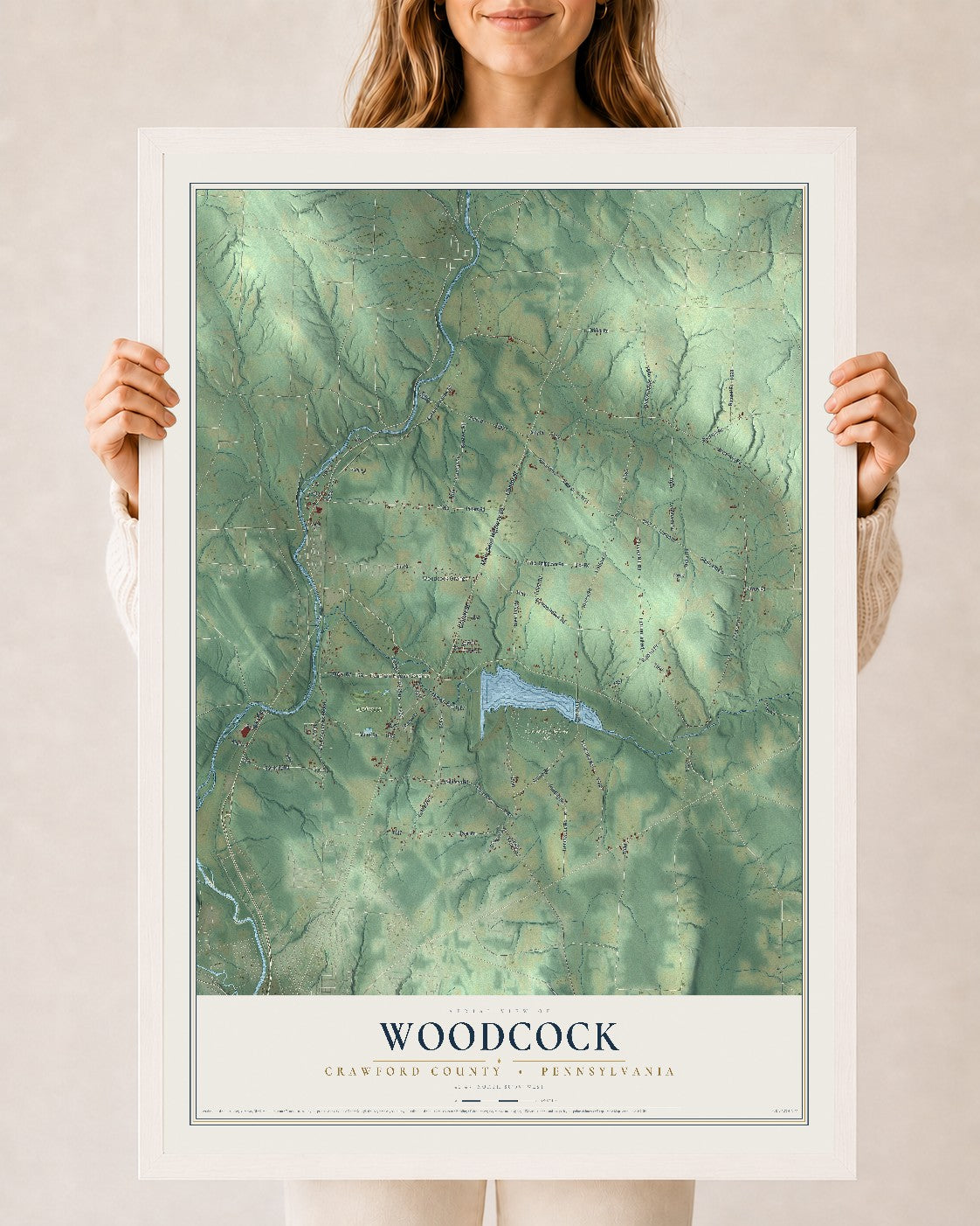 Map of Woodcock, Crawford County, Pennsylvania, 24 x 36 inch print in a white wood frame