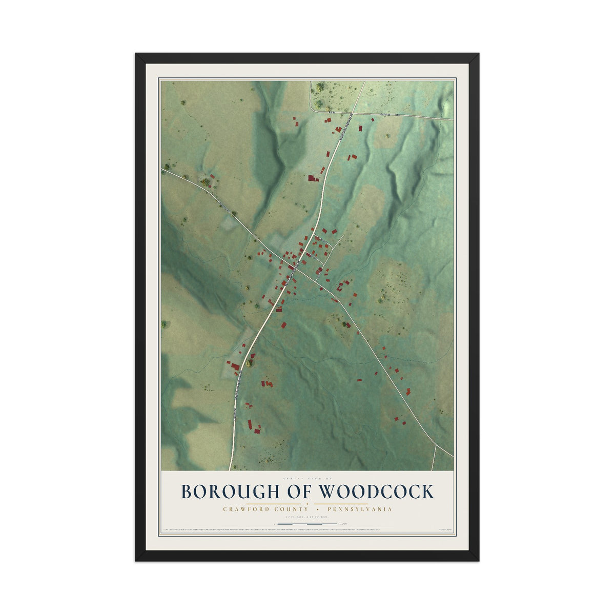 Map of the Borough of Woodcock, Crawford County, Pennsylvania, 12 x 18 inch print in a black wood frame