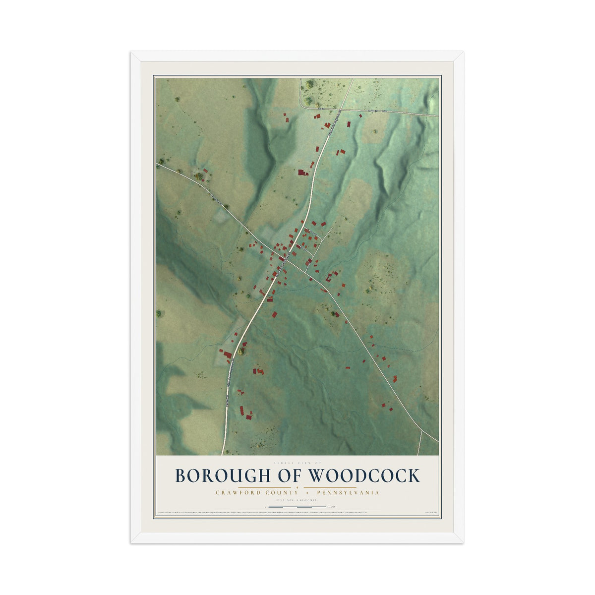 Map of the Borough of Woodcock, Crawford County, Pennsylvania, 12 x 18 inch print in a white wood frame