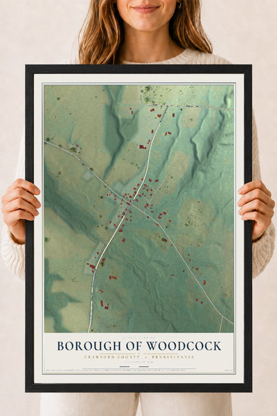 Map of the Borough of Woodcock, Crawford County, Pennsylvania, 18 x 24 inch print in a black wood frame
